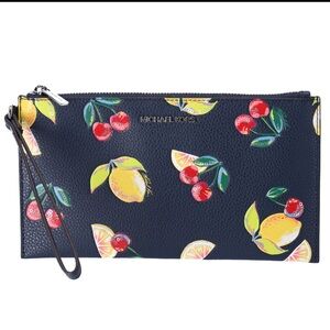 Michael Kors Jet Set Travel Large Top Zip Wristlet Clutch Navy Fruit Handbag